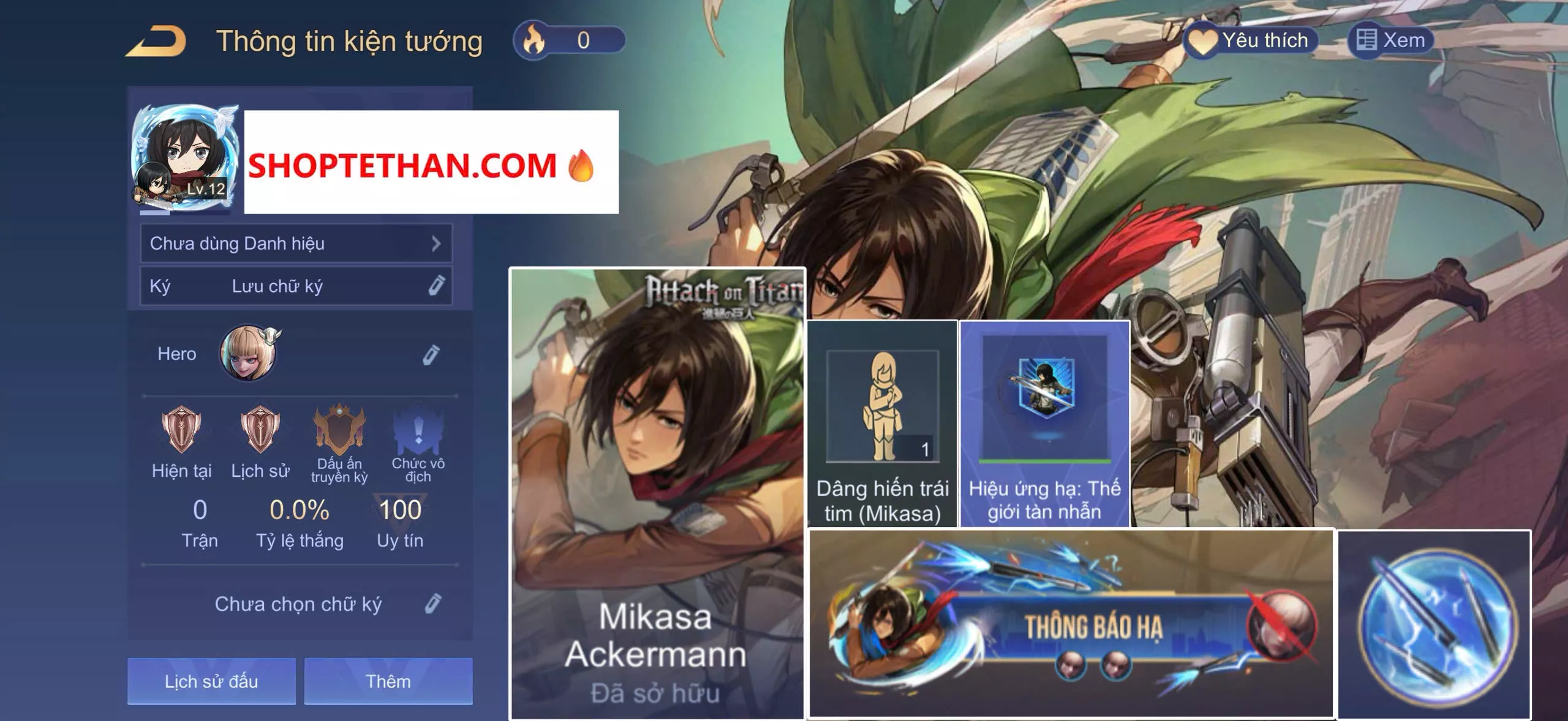 ACC REG LQ: Aoi Mikasa Ackermann, có nút bấm+hạ+thông báo, sẳn tướng, free đổi tên, trắng thông tin